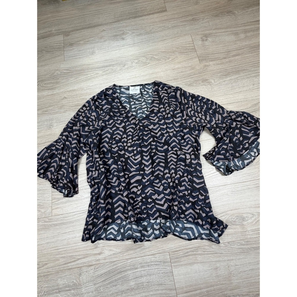 LaRoque Original 100% Silk Geometric Print V-Neck Bell Sleeve Blouse Navy Blue
